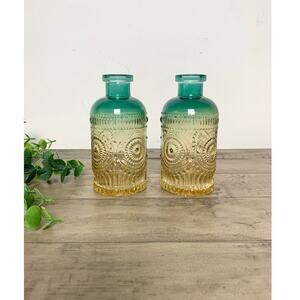 Vintage Style Ombre Green Amber Glass Bud Vase Set Pair Textured Boho Coastal